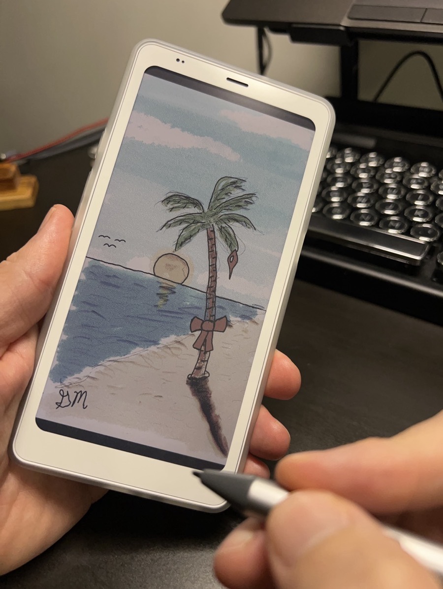 Christmas on the Beach painting on the Palma 2 Pro in hand