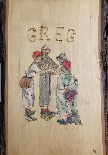 Wood plaque with the name Greg and a painting of boys choosing teams for baseball