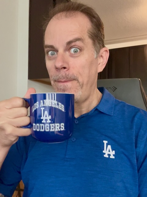 Selfie with my Dodgers coffee mug and Dodgers polo shirt