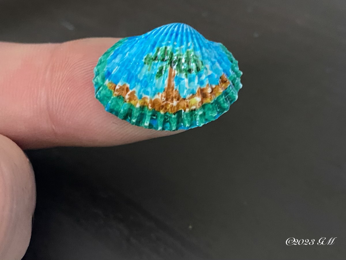 Close up of Beach on Shell painting showing that it is smaller than my index finger